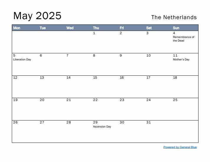 May 2025 Simple Monthly Calendar for The Netherlands