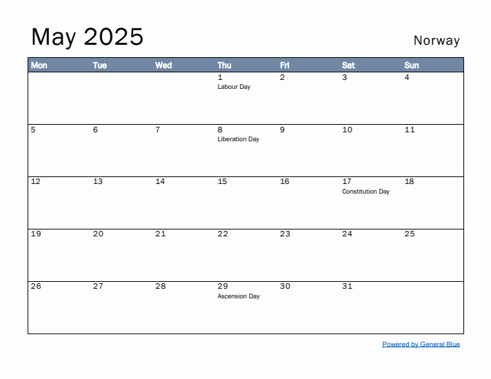 May 2025 Simple Monthly Calendar for Norway