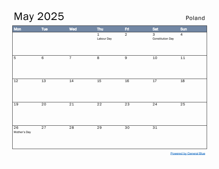 May 2025 Simple Monthly Calendar for Poland