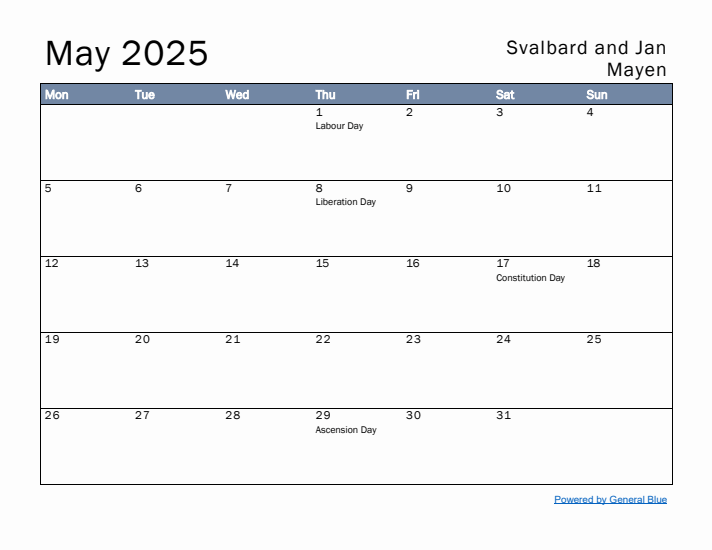 May 2025 Simple Monthly Calendar for Svalbard and Jan Mayen