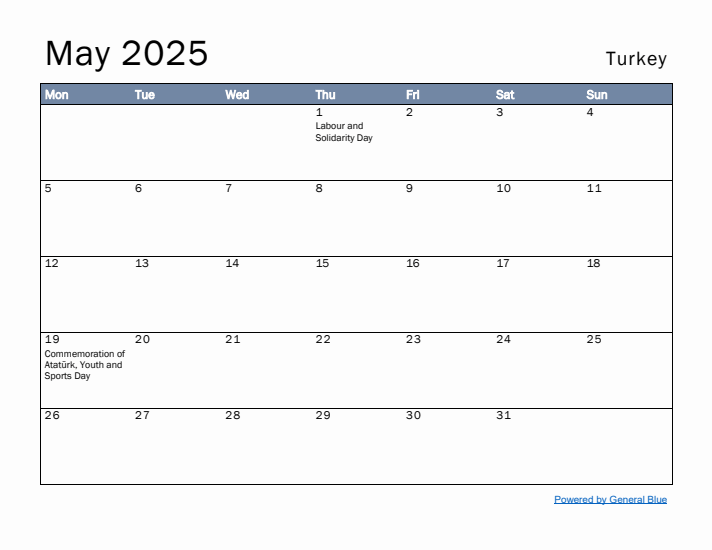 May 2025 Simple Monthly Calendar for Turkey