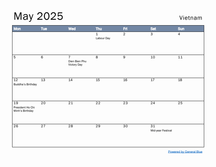 May 2025 Simple Monthly Calendar for Vietnam