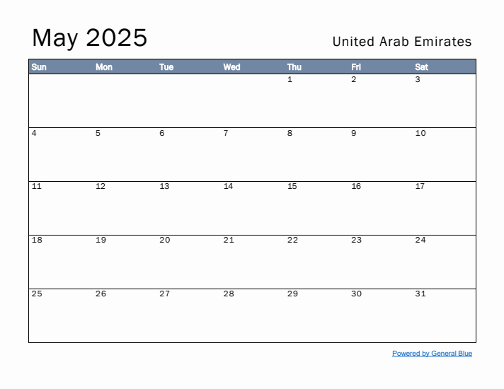 May 2025 Simple Monthly Calendar for United Arab Emirates