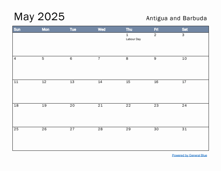 May 2025 Simple Monthly Calendar for Antigua and Barbuda