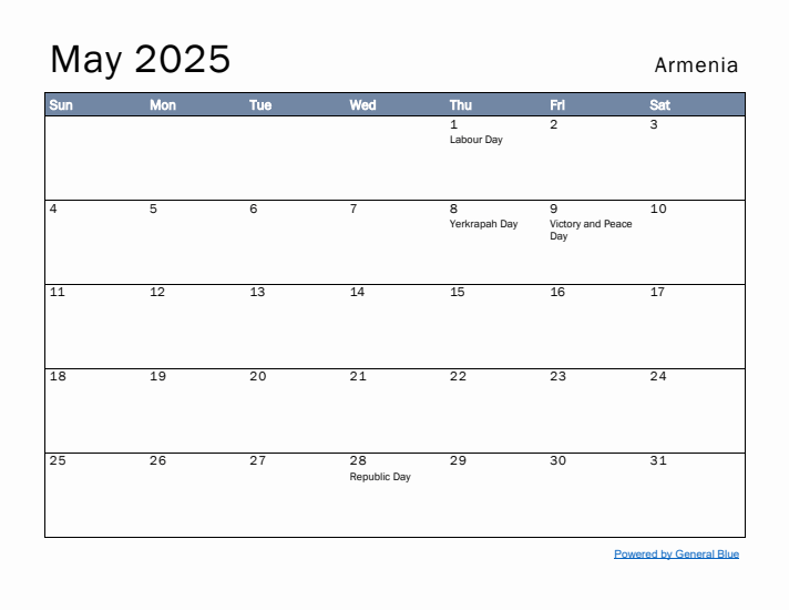 May 2025 Simple Monthly Calendar for Armenia