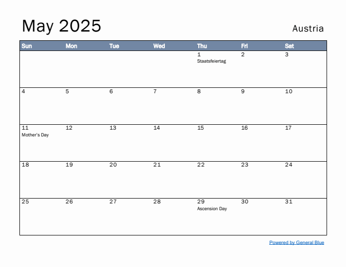 May 2025 Simple Monthly Calendar for Austria