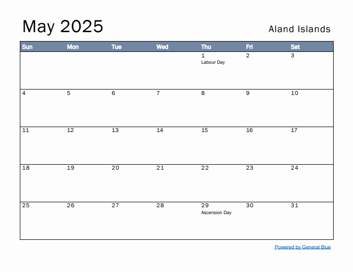 May 2025 Simple Monthly Calendar for Aland Islands