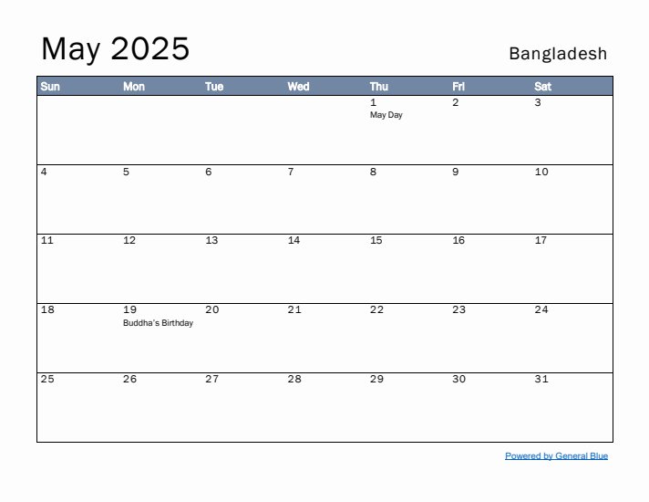 May 2025 Simple Monthly Calendar for Bangladesh