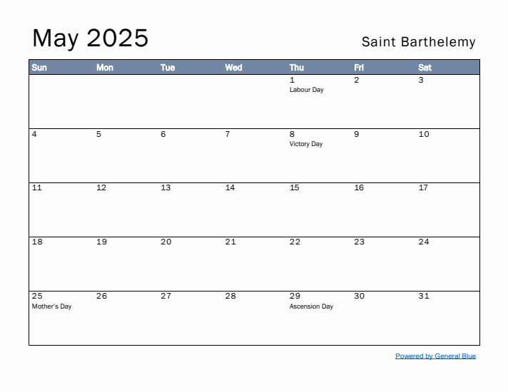 May 2025 Simple Monthly Calendar for Saint Barthelemy