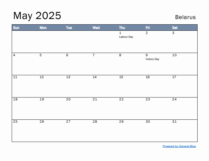 May 2025 Simple Monthly Calendar for Belarus