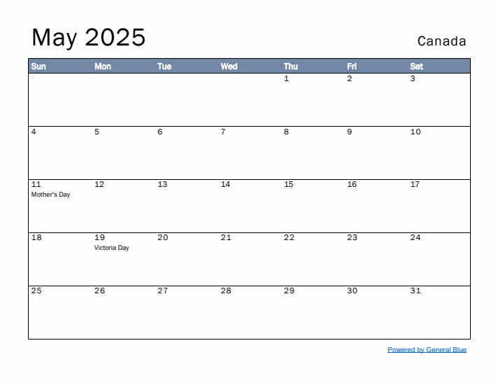 May 2025 Simple Monthly Calendar for Canada