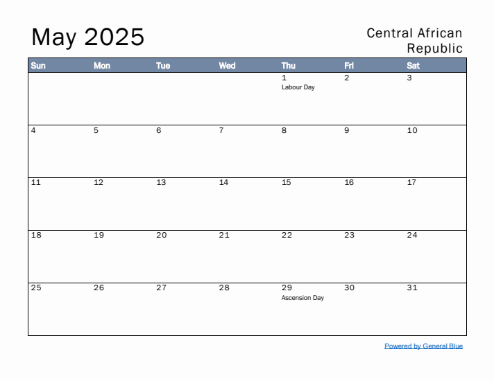 May 2025 Simple Monthly Calendar for Central African Republic