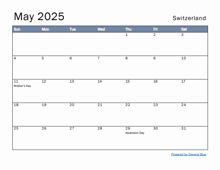 May 2025 Simple Monthly Calendar for Switzerland