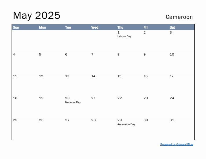 May 2025 Simple Monthly Calendar for Cameroon