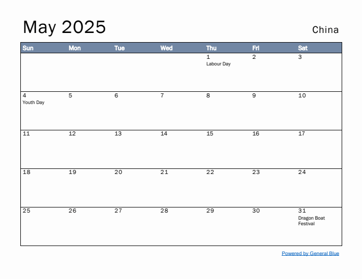 May 2025 Simple Monthly Calendar for China