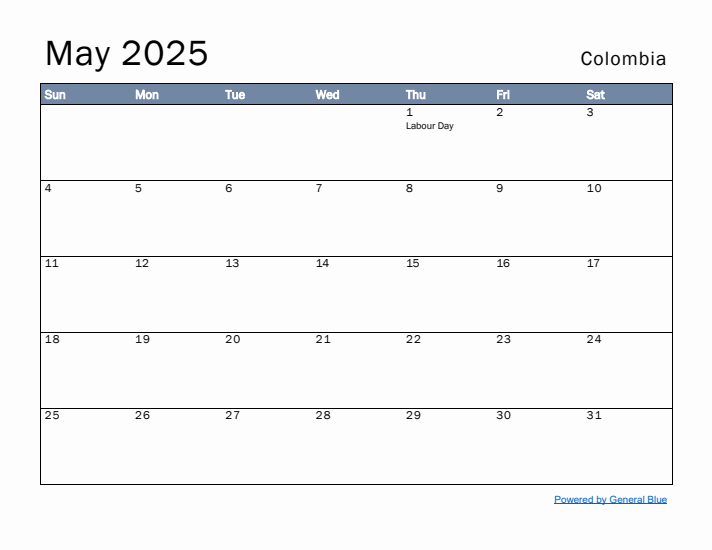 May 2025 Simple Monthly Calendar for Colombia