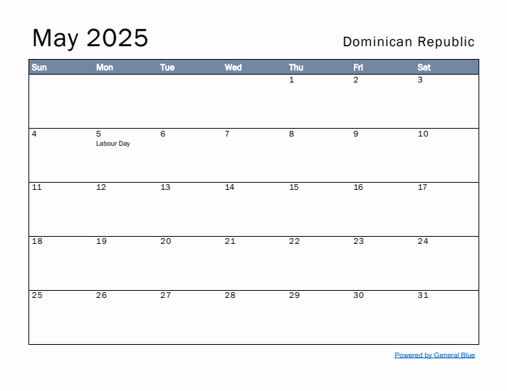 May 2025 Simple Monthly Calendar for Dominican Republic