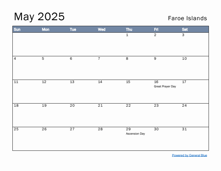 May 2025 Simple Monthly Calendar for Faroe Islands