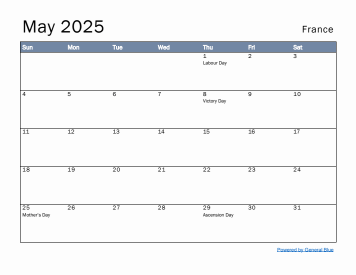 May 2025 Simple Monthly Calendar for France