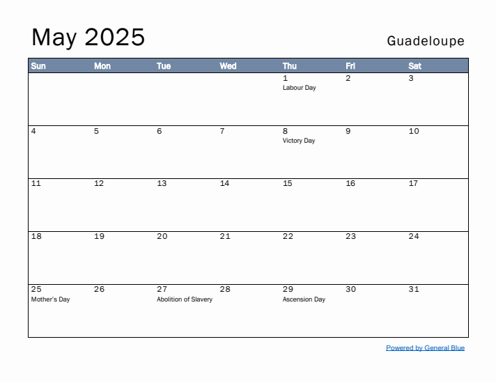 May 2025 Simple Monthly Calendar for Guadeloupe