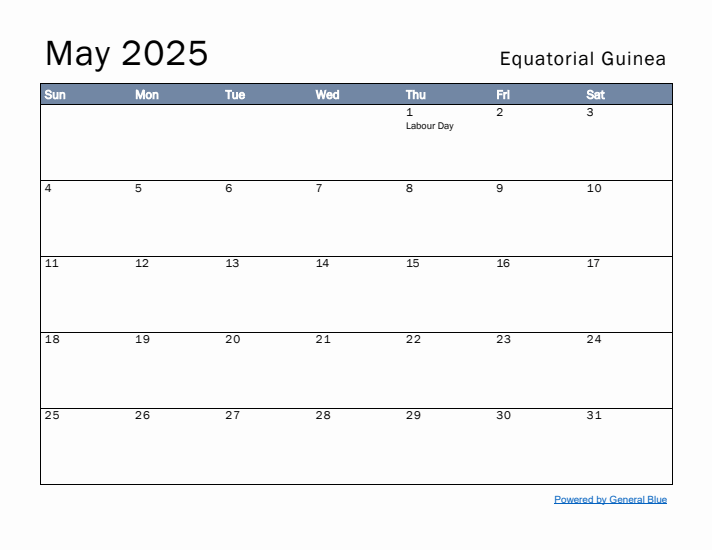 May 2025 Simple Monthly Calendar for Equatorial Guinea