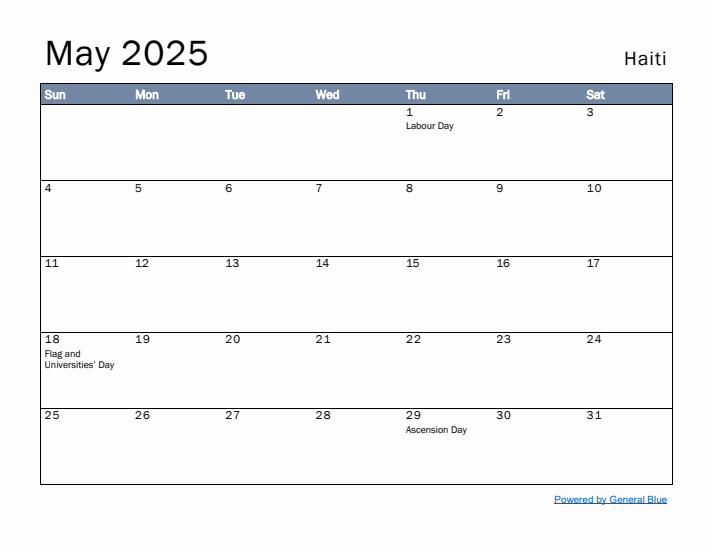 May 2025 Simple Monthly Calendar for Haiti