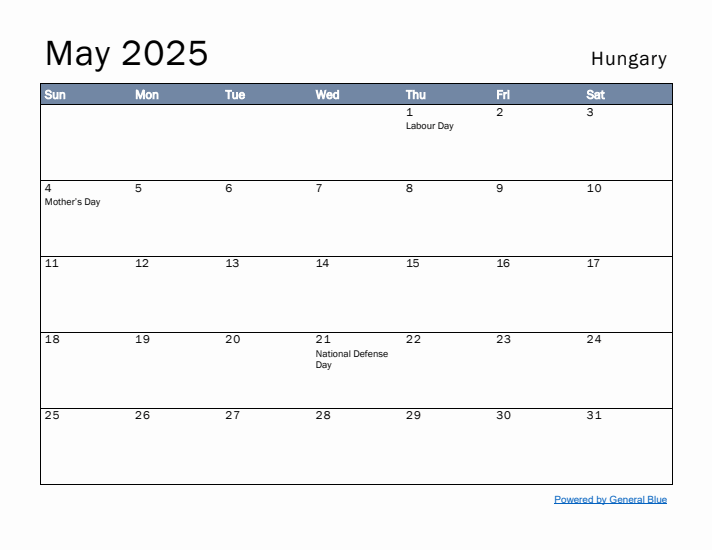 May 2025 Simple Monthly Calendar for Hungary