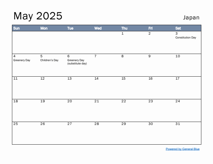 May 2025 Simple Monthly Calendar for Japan