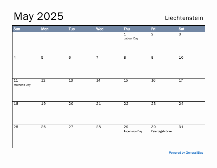 May 2025 Simple Monthly Calendar for Liechtenstein