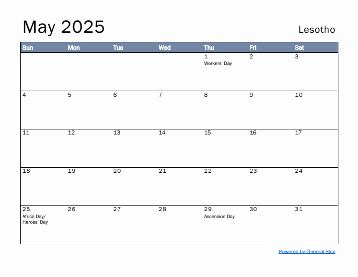 May 2025 Simple Monthly Calendar for Lesotho