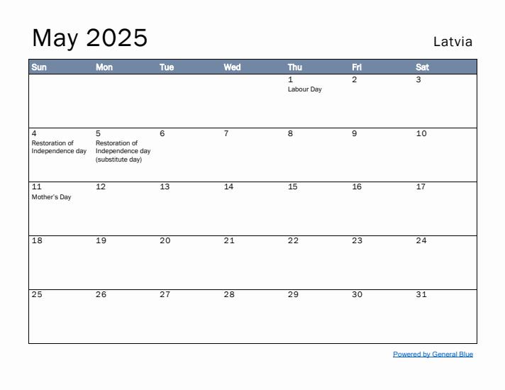 May 2025 Simple Monthly Calendar for Latvia