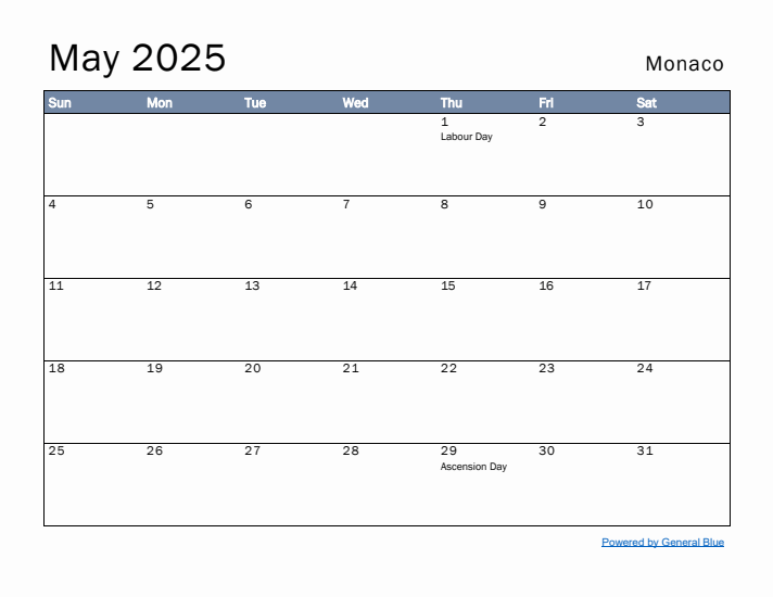 May 2025 Simple Monthly Calendar for Monaco