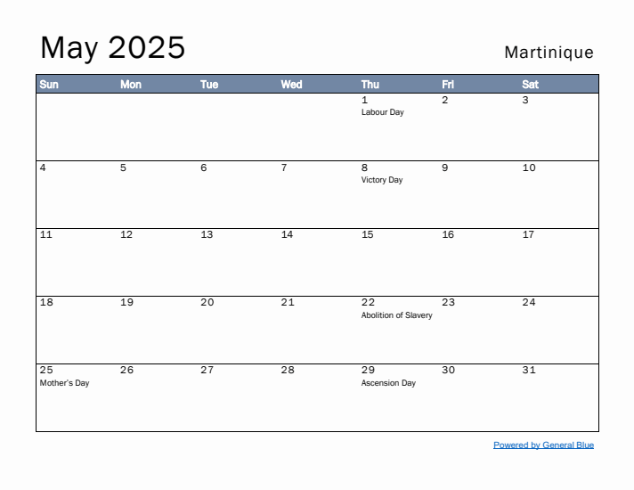 May 2025 Simple Monthly Calendar for Martinique