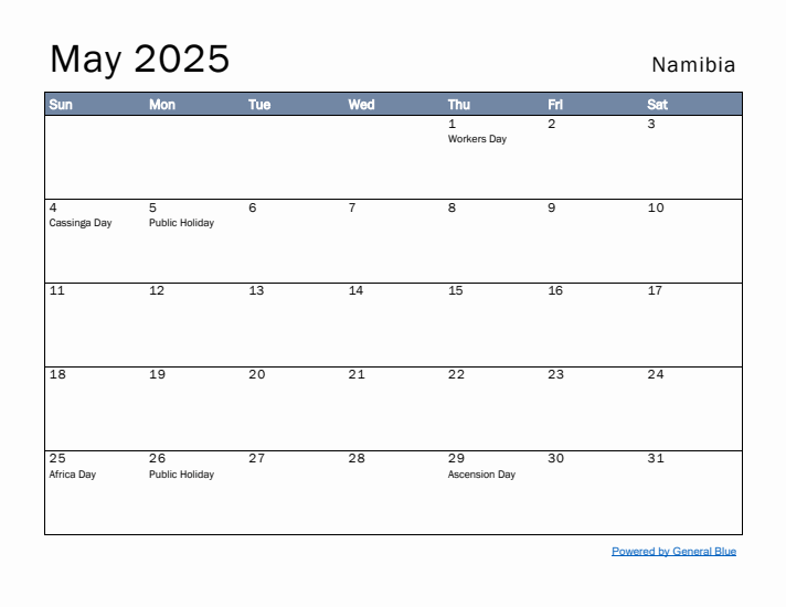 May 2025 Simple Monthly Calendar for Namibia