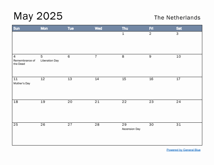 May 2025 Simple Monthly Calendar for The Netherlands