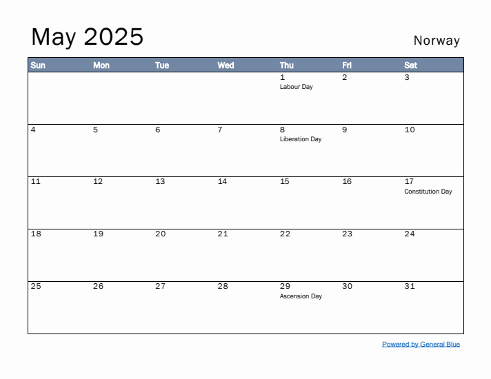 May 2025 Simple Monthly Calendar for Norway