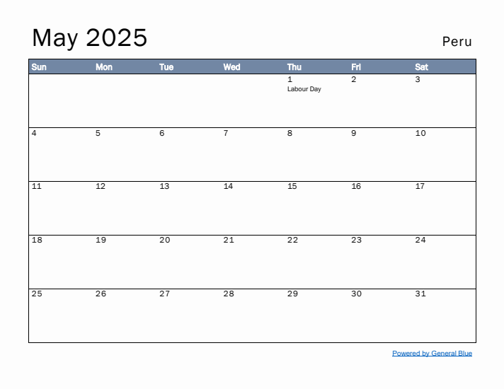 May 2025 Simple Monthly Calendar for Peru