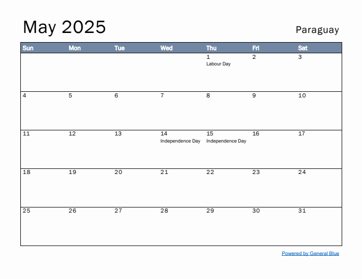 May 2025 Simple Monthly Calendar for Paraguay