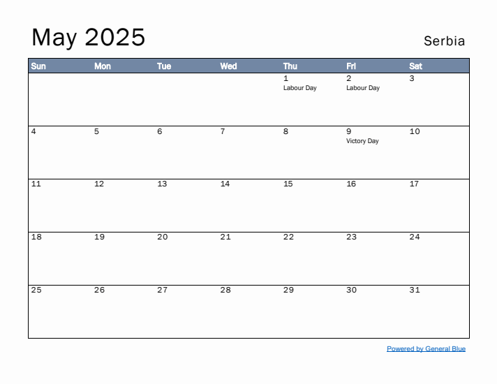 May 2025 Simple Monthly Calendar for Serbia