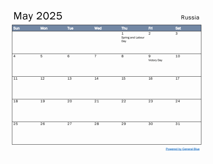 May 2025 Simple Monthly Calendar for Russia