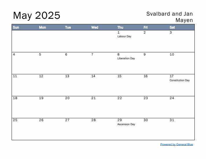 May 2025 Simple Monthly Calendar for Svalbard and Jan Mayen