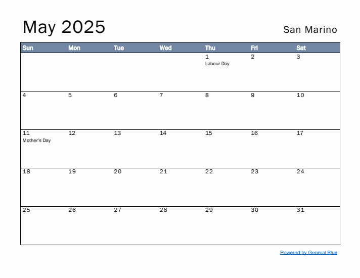 May 2025 Simple Monthly Calendar for San Marino