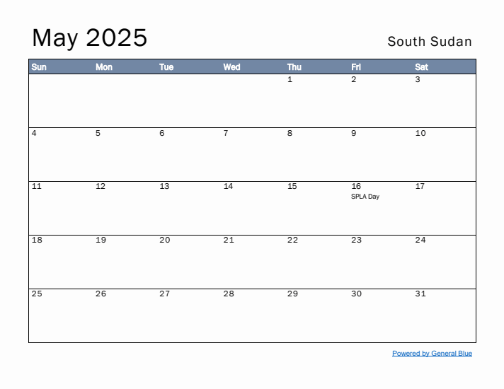 May 2025 Simple Monthly Calendar for South Sudan