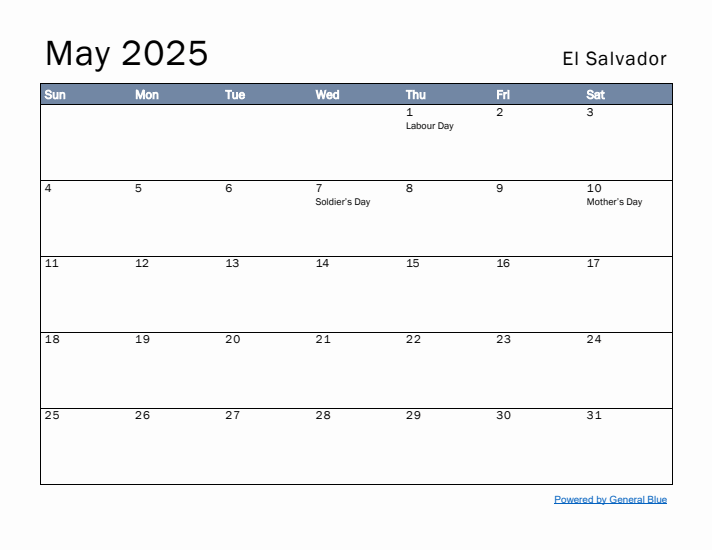 May 2025 Simple Monthly Calendar for El Salvador