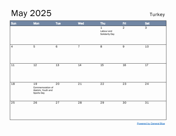 May 2025 Simple Monthly Calendar for Turkey