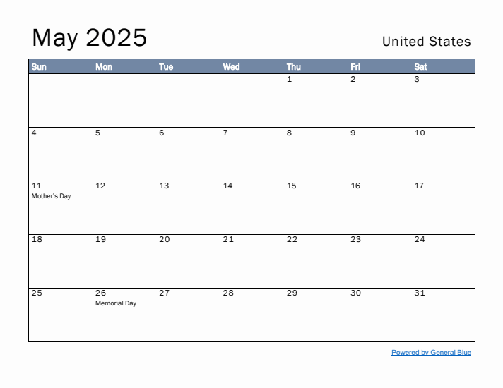 May 2025 Simple Monthly Calendar for United States