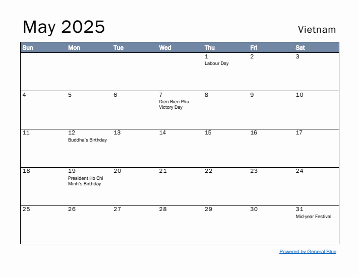 May 2025 Simple Monthly Calendar for Vietnam