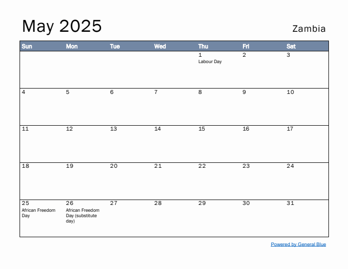 May 2025 Simple Monthly Calendar for Zambia