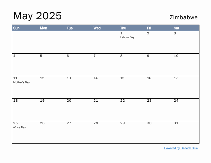 May 2025 Simple Monthly Calendar for Zimbabwe