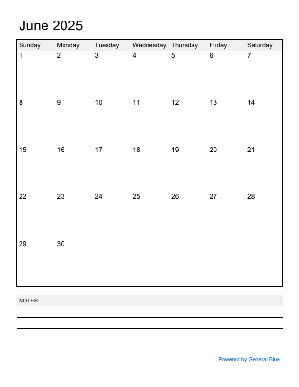 Basic Monthly Calendar Template for June 2025